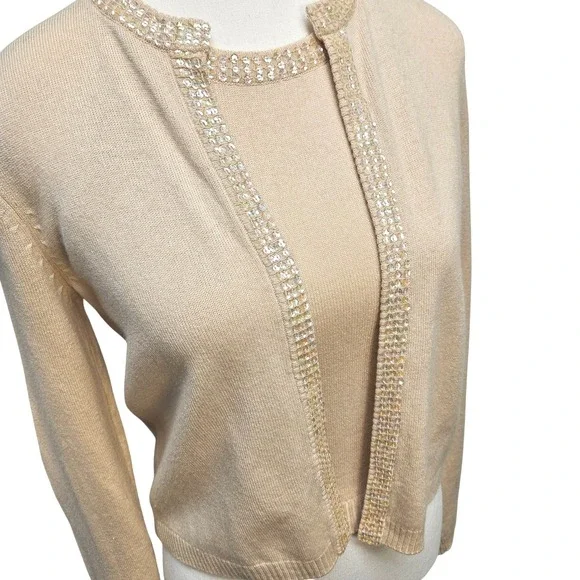 Laundry Shelli Segal Silk Cashmere Sequin Trim Sweater Set Tank Cardigan S V - Picture 4 of 16
